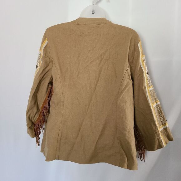 Chicos Buttered Rum Diamond Artisan Beaded Boho Fringed Linen Blend Jacket sz S - Picture 2 of 9